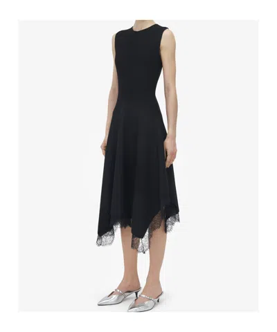 Alexander Mcqueen Asymmetric Lace Hem Sleeveless Midi Dress In Black