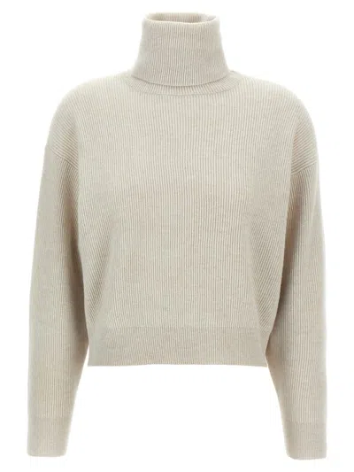 Brunello Cucinelli Ribbed Turtleneck Sweater With Dropped Shoulders In Neutral