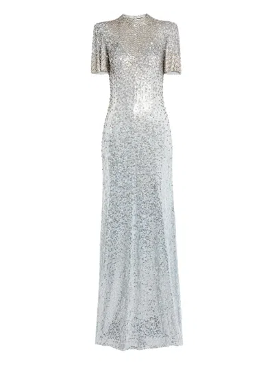 Jenny Packham Jourdain Crystal Sequined Flutter-sleeve Gown In Silver