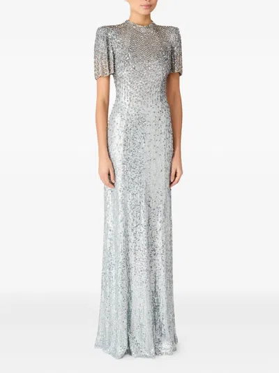 Jenny Packham Jourdain Crystal Sequined Flutter-sleeve Gown In Silver