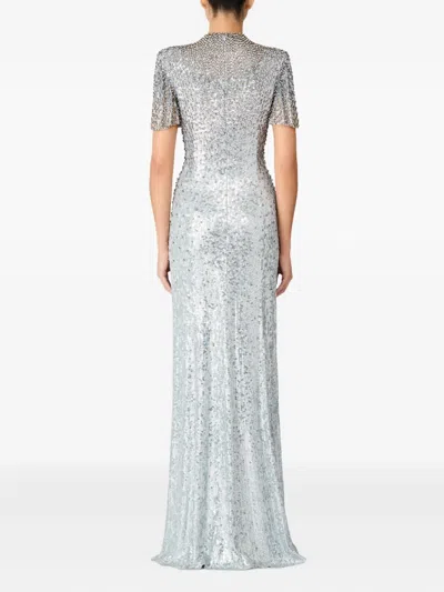 Jenny Packham Jourdain Crystal Sequined Flutter-sleeve Gown In Silver