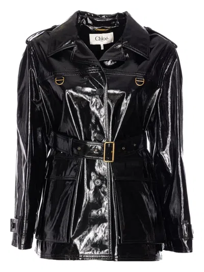 Chloé Belted Jacket In Shiny Coated Cotton
