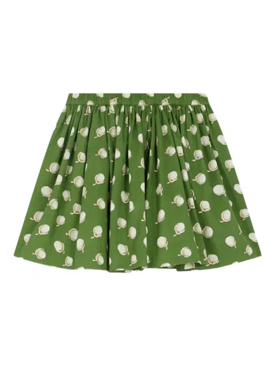 Bonpoint Suzon Green Satin Skirt With Floral Print In Organic Cotton In Green