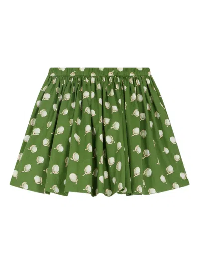 Bonpoint Suzon Green Satin Skirt With Floral Print In Organic Cotton In Green