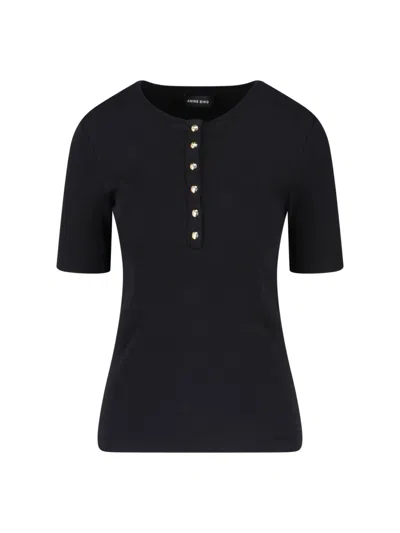 Anine Bing Ribbed Texture Short Sleeved T Shirt With Button Detailing In Black