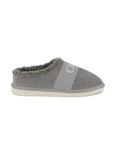 Chloé Kids' Shearling And Suede Slippers&nbsp; In Gray