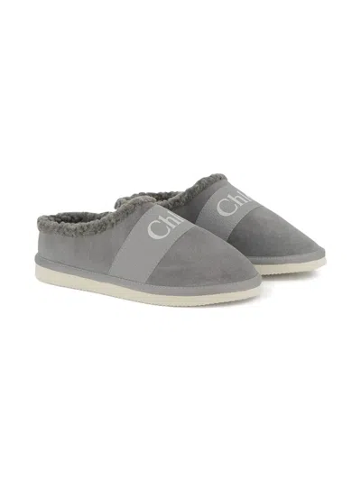 Chloé Kids' Shearling And Suede Slippers&nbsp; In Gray