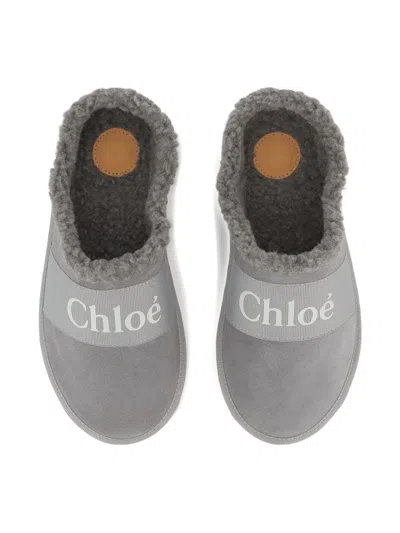 Chloé Kids' Shearling And Suede Slippers&nbsp; In Gray