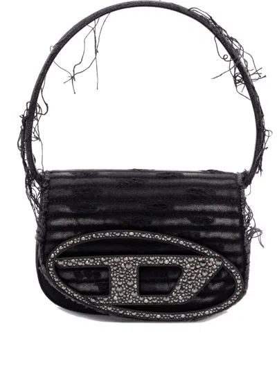 Diesel 1dr Black Shoulder Bag With Oval D Plaque With Rhinestones And Fringed Edges In Cotton And Leather B