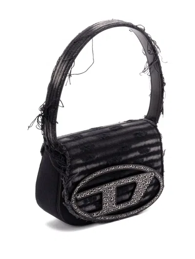 Diesel 1dr Black Shoulder Bag With Oval D Plaque With Rhinestones And Fringed Edges In Cotton And Leather B