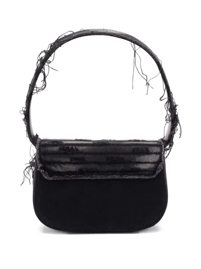 Diesel 1dr Black Shoulder Bag With Oval D Plaque With Rhinestones And Fringed Edges In Cotton And Leather B
