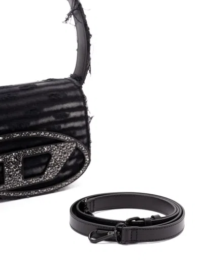 Diesel 1dr Black Shoulder Bag With Oval D Plaque With Rhinestones And Fringed Edges In Cotton And Leather B