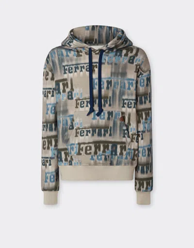 Ferrari Beige Hooded Sweatshirt With All-over Logo Print And Pouch Pocket In Multi