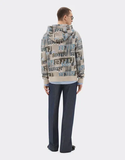 Ferrari Beige Hooded Sweatshirt With All-over Logo Print And Pouch Pocket In Multi