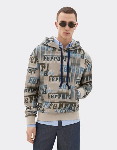 Ferrari Beige Hooded Sweatshirt With All-over Logo Print And Pouch Pocket In Multi