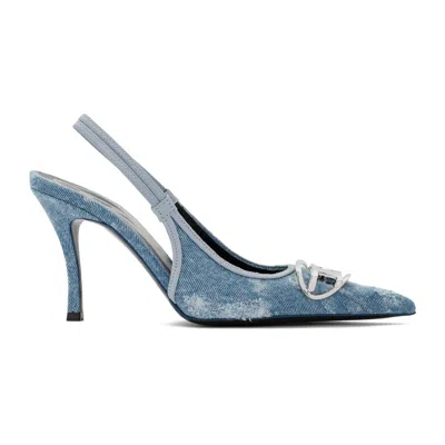 Diesel Pointed Toe Slingback Strap Silver-tone Pumps In Blue