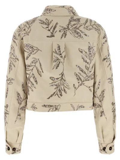Brunello Cucinelli Women Outerwear In Cotton And Linen Canvas With Glistening Flora Embroidery In Brown