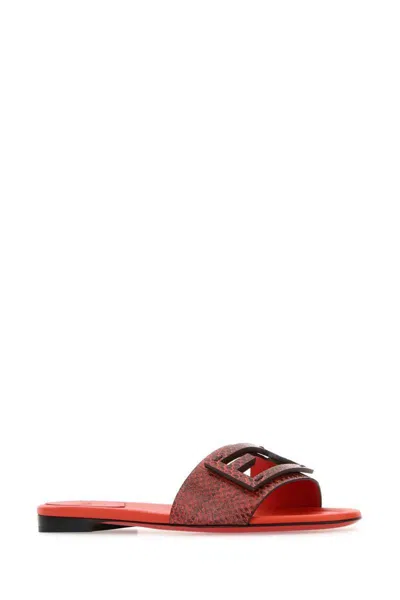 Fendi Leather Flat Sole Slides With Metal Embellishment In Burgundy