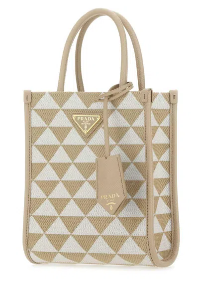 Prada Micro Symbol Shoulder Bag With Embroidered Fabric In Nude