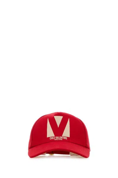 Valentino Black Cotton Baseball Cap In Red