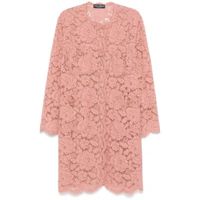 Dolce & Gabbana Collarless Lace Floral Patch Pockets Coat In Pink