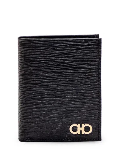 Ferragamo Leather Card Holder Gold-tone Hardware In Black