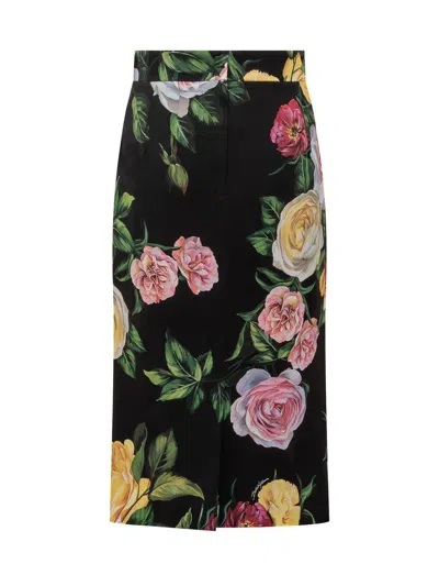 Dolce & Gabbana Black Midi Skirt With All-over Floral Print