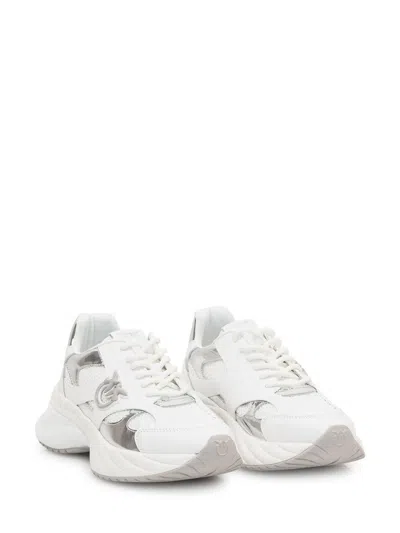 Pinko Ariel 15 White Sneakers With Mirror Panels And Logo Patch On The Tongue In Tech Fabric Woman