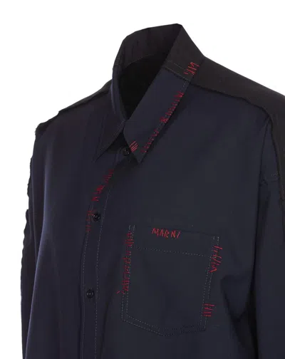 Marni Cool Wool Shirt With Contrast Stitching Shirt And Blouse Black In Blue