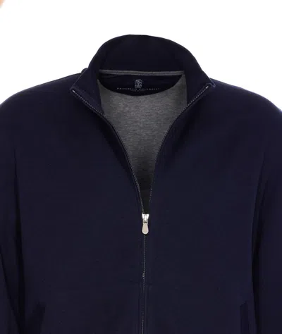 Brunello Cucinelli Zip-up Blue Sweatshirt With High Collar And Relaxed Fit In Blue