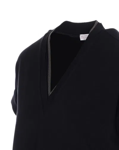 Brunello Cucinelli V-neck Short Sleeve T-shirt With Rolled Sleeves In Black