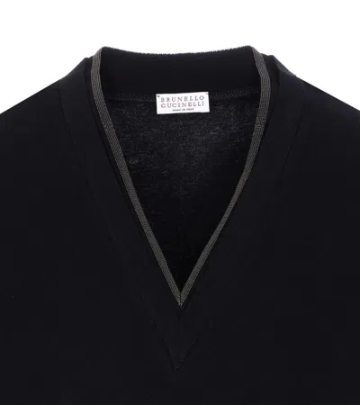 Brunello Cucinelli V-neck Short Sleeve T-shirt With Rolled Sleeves In Black