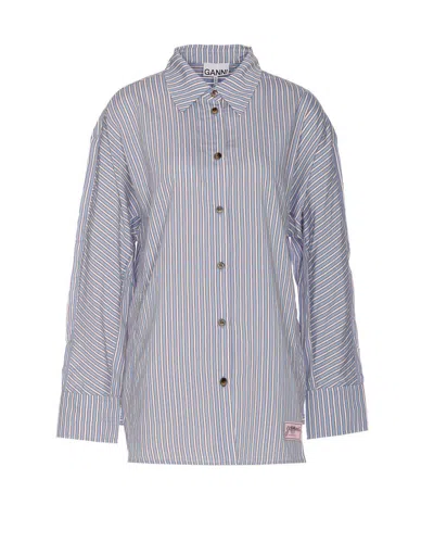 Ganni Multicolor Shirt With All-over Stripes And Logo Patch On The Front In Viscose Blend Woman