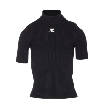 Courrèges Reedition Short Sleeves Ribbed Knitted Sweater Clothing In Black