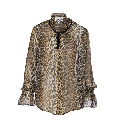 Ganni Printed Viscose Chiffon Tie String Shirt Shirts Animalier In Animal Print