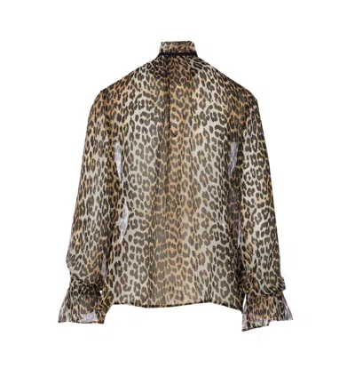 Ganni Printed Viscose Chiffon Tie String Shirt Shirts Animalier In Animal Print
