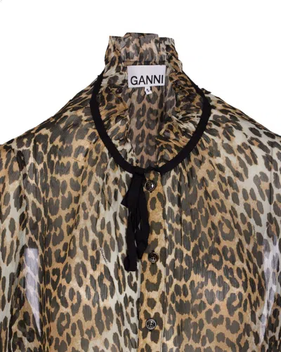 Ganni Printed Viscose Chiffon Tie String Shirt Shirts Animalier In Animal Print
