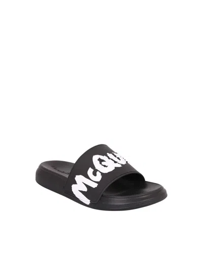 Alexander Mcqueen Graffiti Logo Rubber Slide Sandals In Black