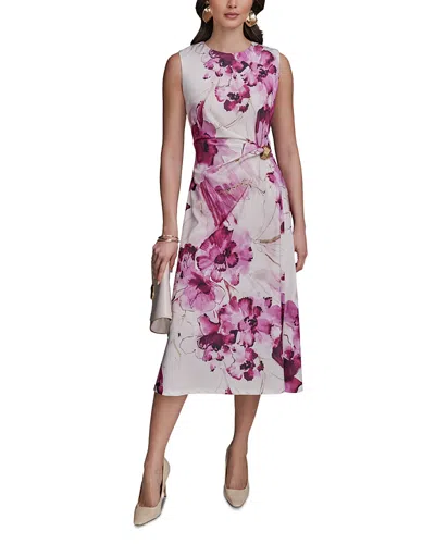 Donna Karan Floral Satin Gathered Waist Dress In Red