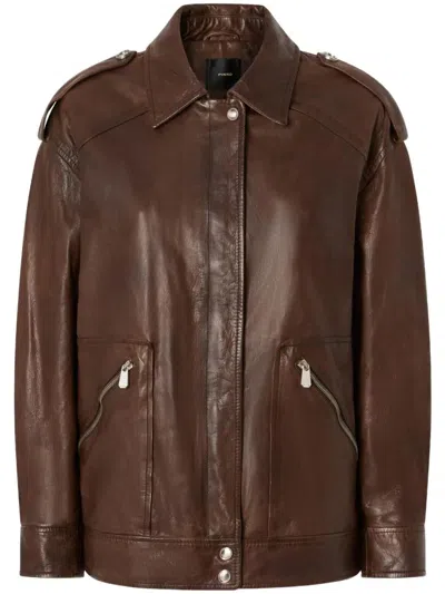 Pinko Washed Leather Jacket With Collar In Brown