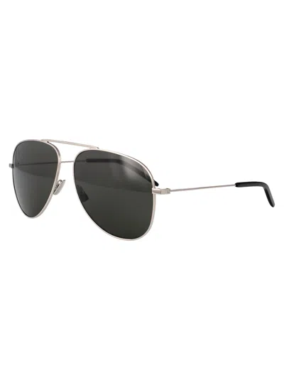 Saint Laurent Silver-silver-grey Metal Sunglasses In Black