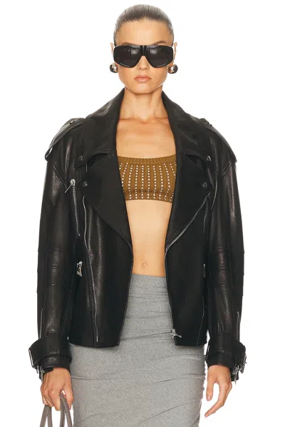 Attico Black Leather Oversize Bomber Jacket In Black
