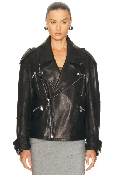 Attico Black Leather Oversize Bomber Jacket In Black