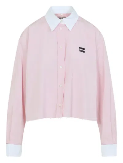 Miu Miu Logo-embroidered Frayed-hem Shirt In Pink