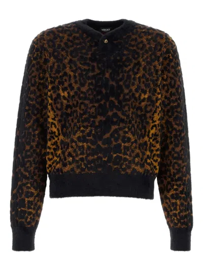 Versace Leopard Jacquard Chenille Knit Sweater In Animal Print
