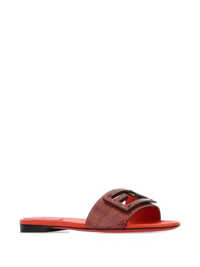 Fendi Leather Flat Sole Slides With Metal Embellishment In Burgundy