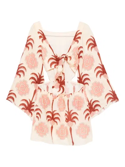Johanna Ortiz Wave After Wave Long Sleeve Linen Minidress In Pink