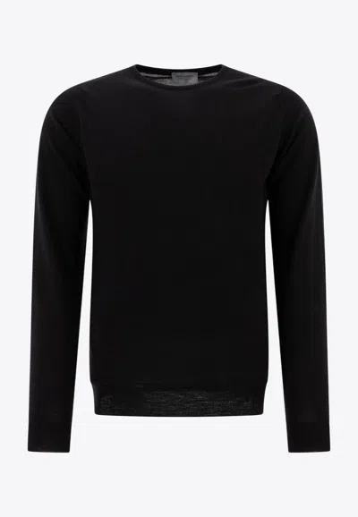 John Smedley Round Neck Long Sleeve Plain Knit Sweater In Black