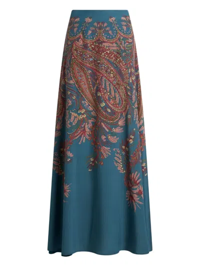 Etro Silk Maxi Skirt With Placed Print In Blue