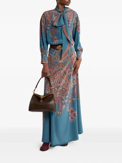 Etro Silk Maxi Skirt With Placed Print In Blue